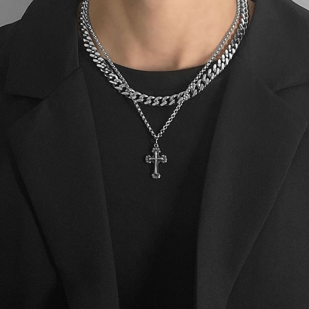 Double Layer Men Cross Necklace Chain Men’s Women’s Unisex Titanium Steel New